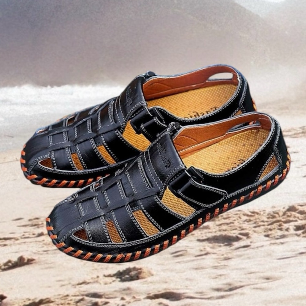 - Black Leather Sz 10 Fisherman Sandals! NEW!